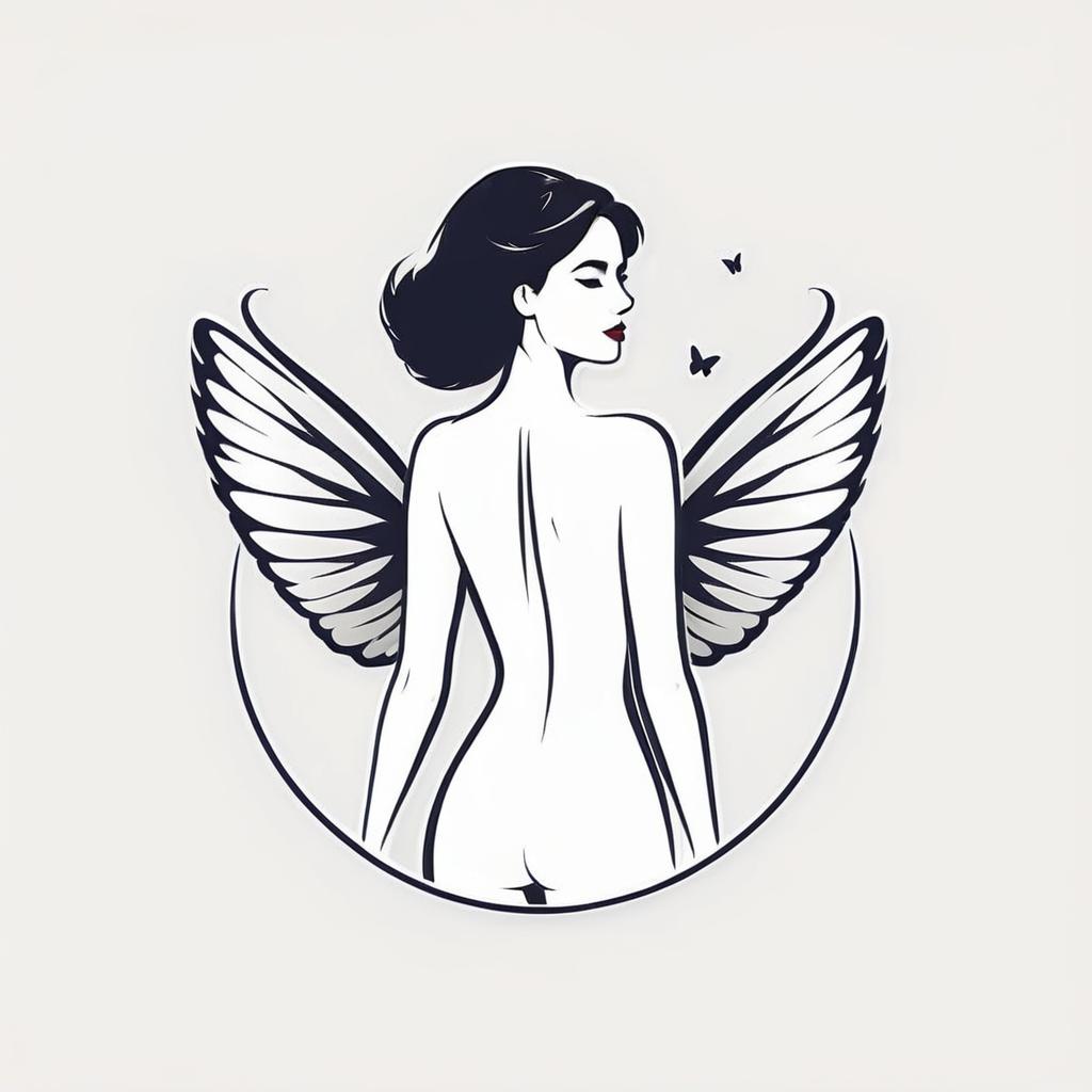  a girl’s body with butterfly wings, (logo), elegant, chic, stylish, sophisticated, high fashion, modern serif font, monochrome, simple, iconic