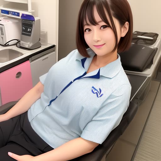  歯科医のお姉さん、巨乳、胸の谷間、前かがみ、藍色の歯科医の服、歯医者、 女性 かわいい