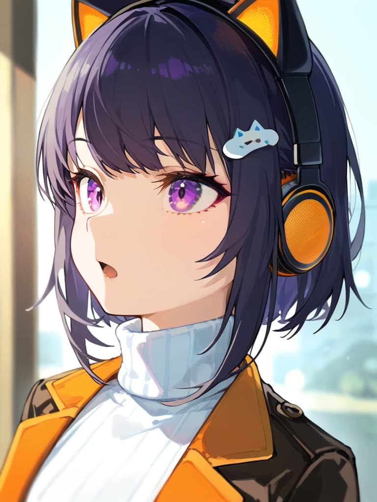  (black and blue cat ear headphones: 1.2), masterpiece, open mouth, best quality, (purple eyes: 1.2), (close up: 1.2) ge hair: 1.4) , (orange overside jacket), shoulder gap, (white turtleneck: 1.1), (hair pin: 1.3)