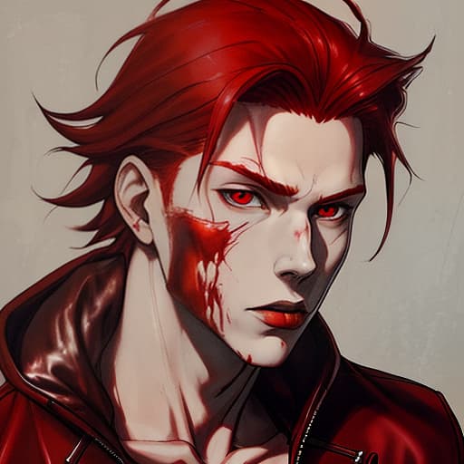  a man. red hair. pale skin. red eyes. blood on your face. leather jacket, under leather jacket hoodie. anime style portrait.