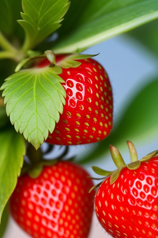  \"a bright red strawberry with tiny seeds on its surface, with a green leafy top. the image is sharp, showing the texture of the fruit\'s skin and the soft shadows created by natural light.\", advertising photo,high quality, good proportion, masterpiece , the image is captured with an 8k camera