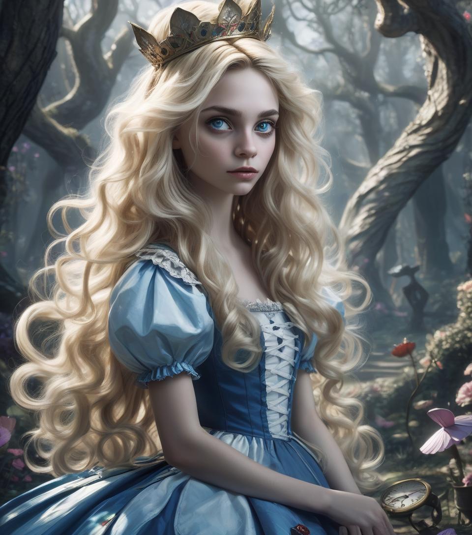  breathtaking beauty, ((portrait)) of twisted ((alice in wonderland)) long flyaway wavy blonde hair, cute, whimsical, intricate, foreboding, audacious detailed fantasy, moonlight and shadows charming, fabled colors, dark vision ((skyrim)) digital art magnum opus