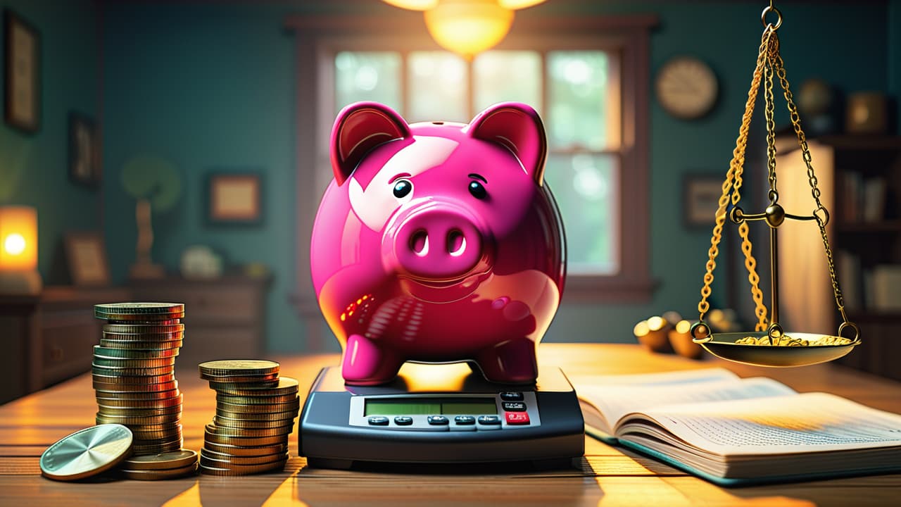  create an image of a balanced scale, with coins, a calculator, a budget sheet, and a piggy bank on each side, symbolizing the four finance functions: saving, spending, investing, and managing debt. hyperrealistic, full body, detailed clothing, highly detailed, cinematic lighting, stunningly beautiful, intricate, sharp focus, f/1. 8, 85mm, (centered image composition), (professionally color graded), ((bright soft diffused light)), volumetric fog, trending on instagram, trending on tumblr, HDR 4K, 8K