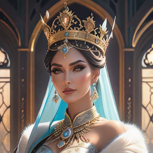  Portrait of a stunningly beautiful queen wearing a beautiful crown, highly detailed, artstation, concept art, sharp focus, illustration, art hyperrealistic, full body, detailed clothing, highly detailed, cinematic lighting, stunningly beautiful, intricate, sharp focus, f/1. 8, 85mm, (centered image composition), (professionally color graded), ((bright soft diffused light)), volumetric fog, trending on instagram, trending on tumblr, HDR 4K, 8K