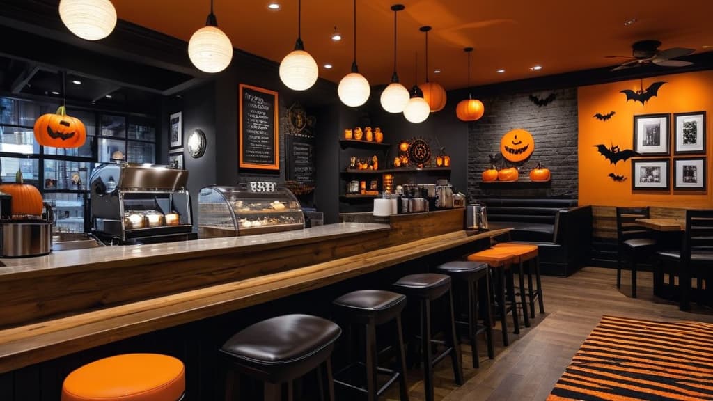  inside coffee shop in the city decorated with halloween decor at night