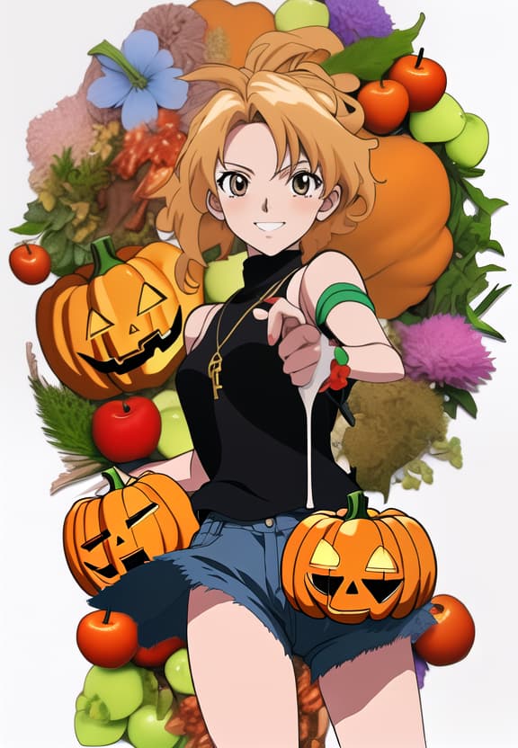  ((red, black, pumpkin, red, blue, flower, fruit, sugar, orange, green, apple, three)), anime artwork, anime style, key visual, vibrant, studio anime, highly detailed