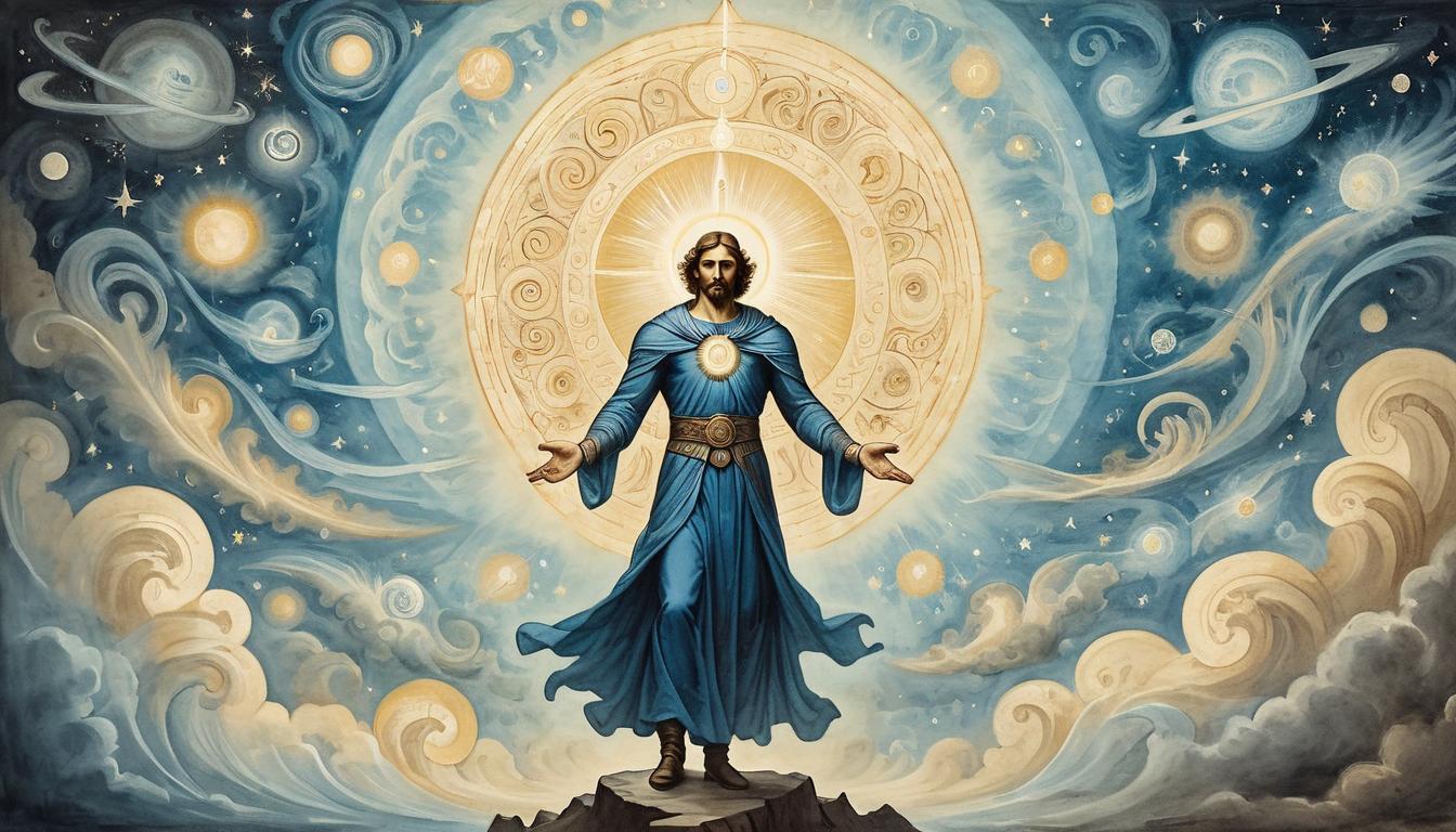  on parchment, surrealism+++, a figure standing firm, eyes radiating clarity, surrounded by a halo of divine light, amidst swirling celestial patterns, resolute, focused, steadfast(mysterious, provocative, symbolic,muted color)+++