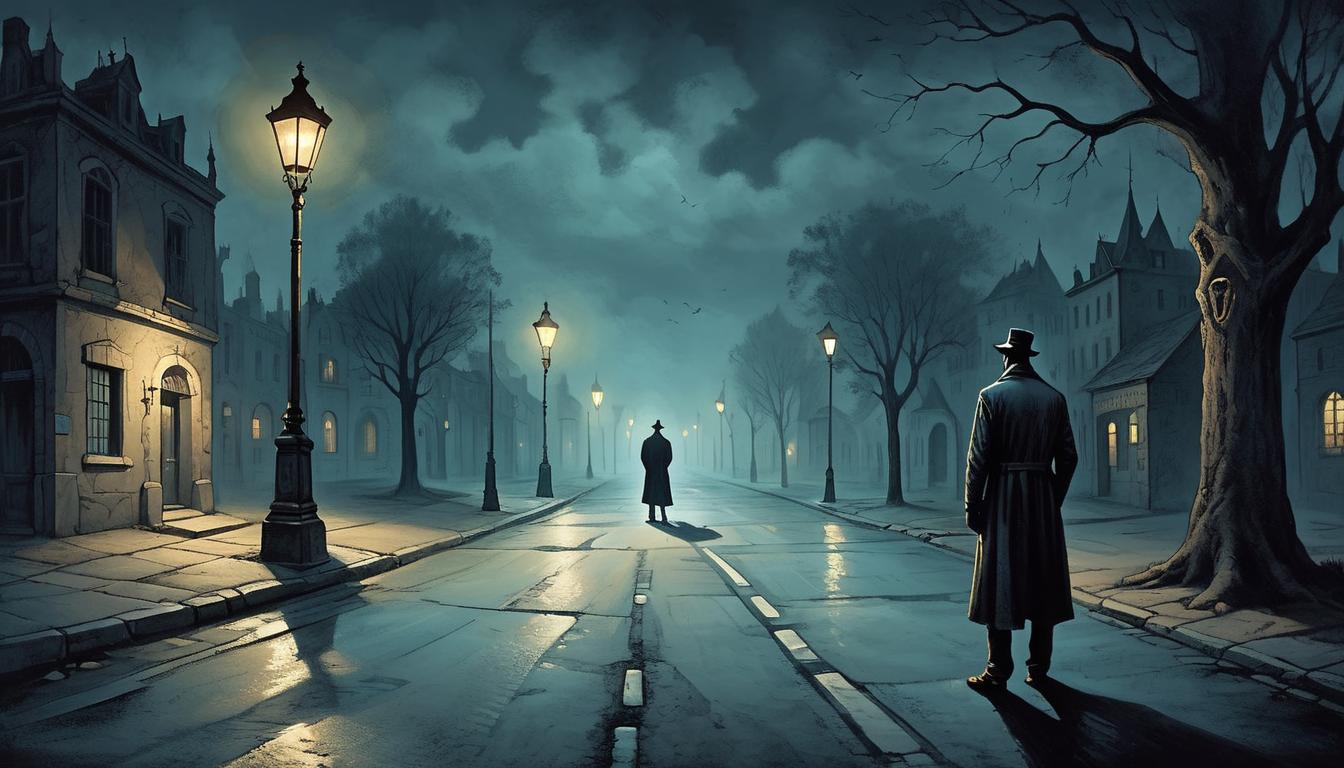  on parchment, surrealism+++, a person standing alone at a crossroads at night, dim streetlights casting long shadows, empty roads stretching into darkness, solitary figure, decision and uncertainty(mysterious, provocative, symbolic,muted color)+++