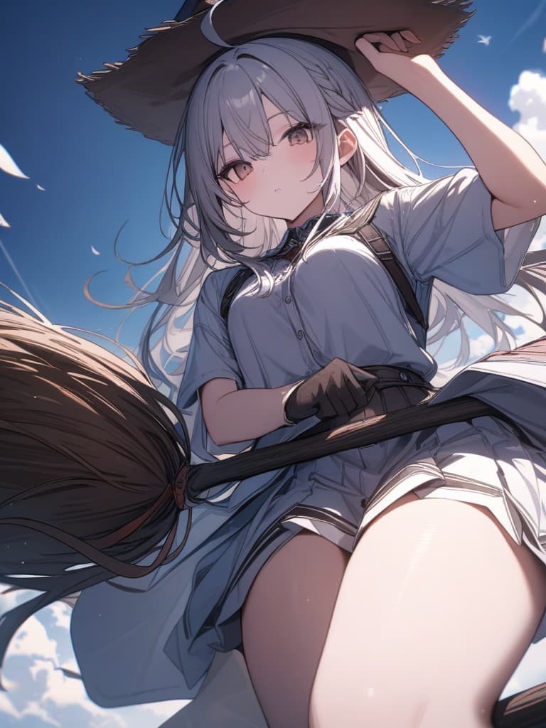  flying in the sky, riding a broom, sitting on a broom, witch, holding a hat, a girl, sitting on the broom, masterpiece, best quality,8k,ultra detailed,high resolution,an extremely delicate and beautiful,hyper detail