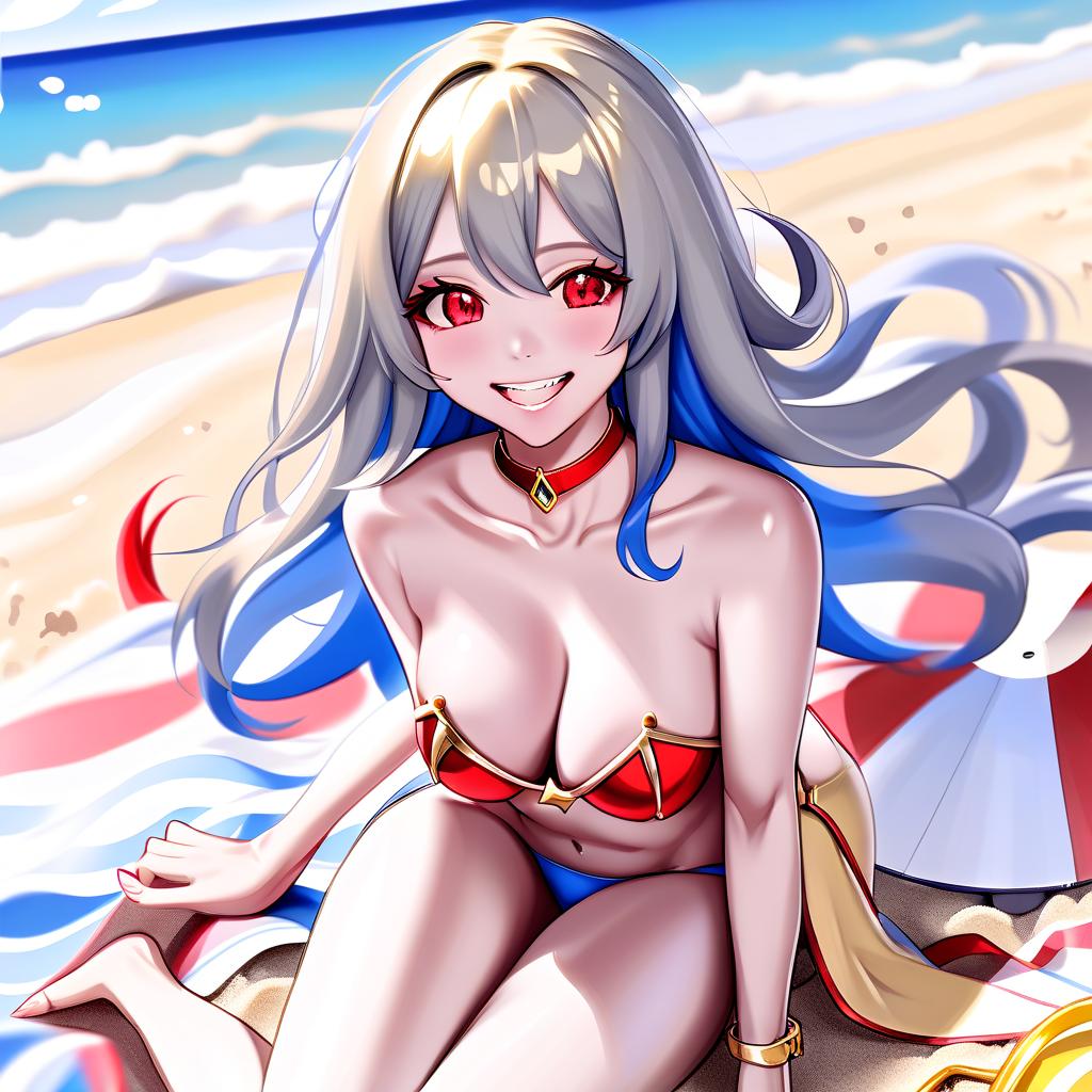  lamia, breast size e, scale color gold, skin color silver, hair color red, eye color blue, smiles cheerfully, on the beach