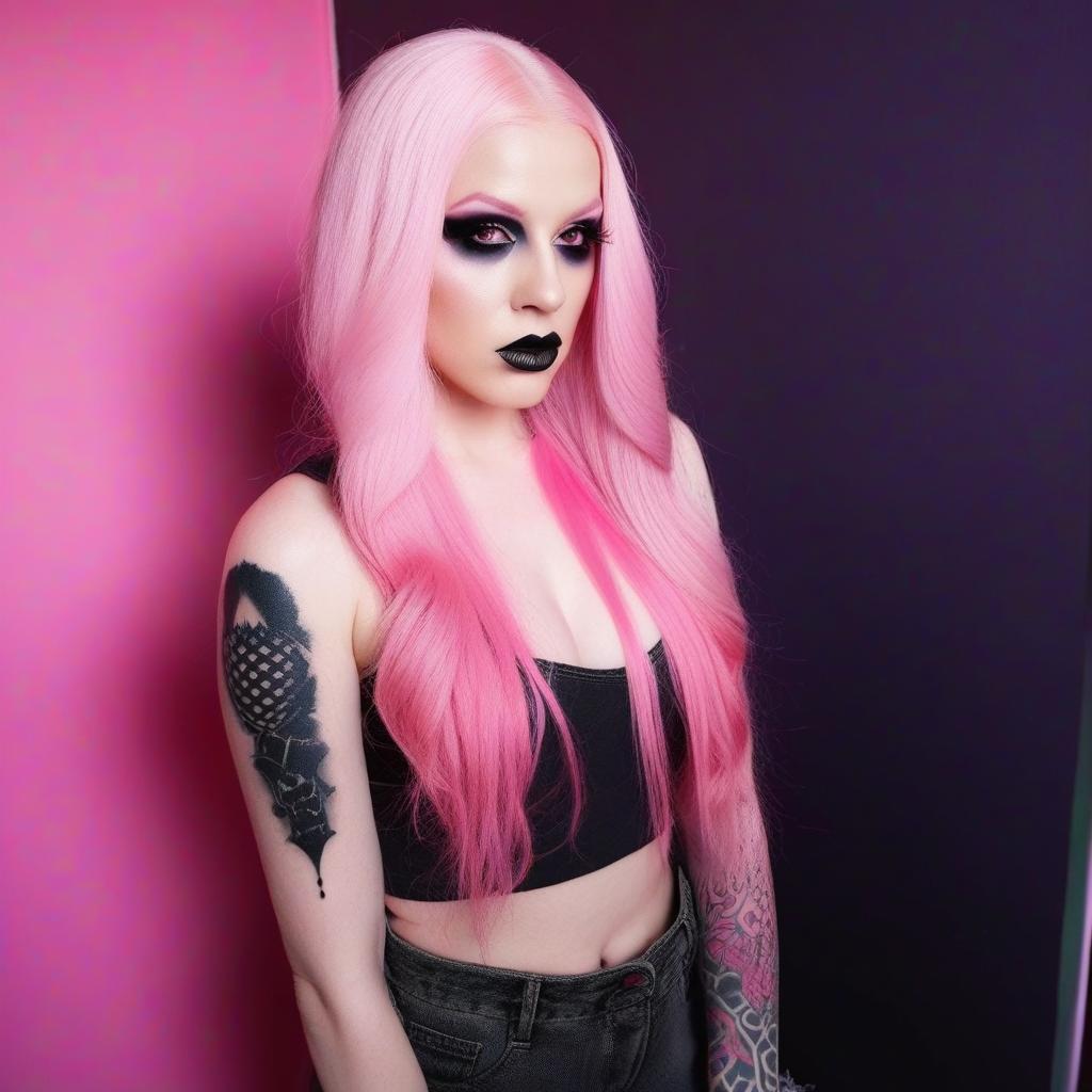  4 age women,full body shot ,full body portrait horrifying scary pale long pink hair ,full white eyes, black lips, black dripping eyeshadow tattoos,in pink cotton with pink trim