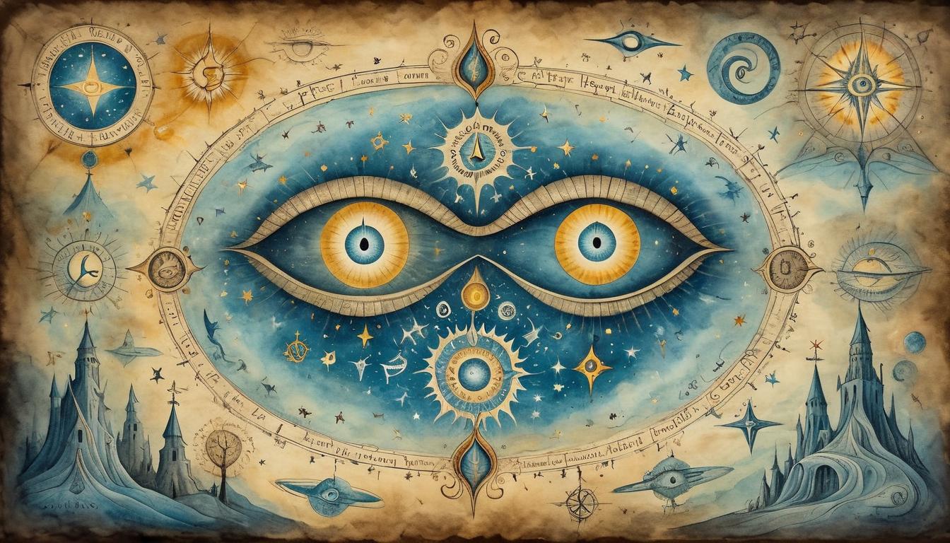  on parchment, surrealism+++, visionary figure with eyes glowing, surrounded by celestial symbols, radiant background, guiding light, mystical clarity(mysterious, provocative, symbolic,muted color)+++