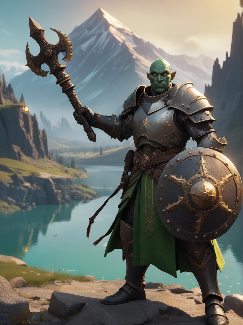  A dnd character, a male githzerai paladin of life, with green/grey skin and brown freckles, holding a compact iron mace in a hand and a shield with a metal face , with as background a huge mountain illuminated by a golden light and surrounded by a glowing lake