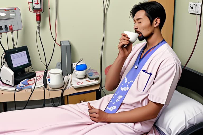  A man sitting on a hospital bed drinking tea With the caregiver singing music of worship God The doctor is also there