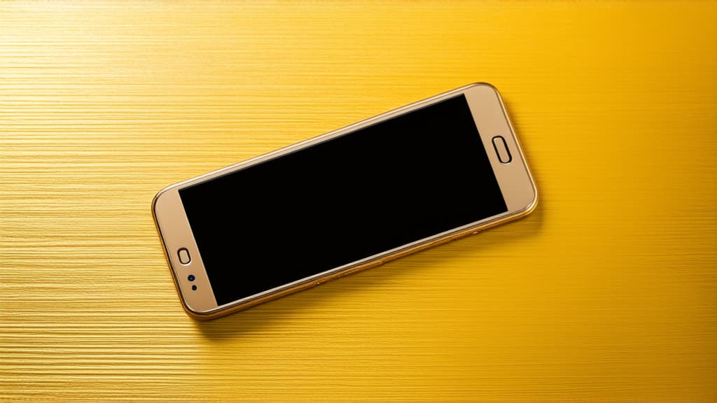  professional detailed photography, golden phone on a golden background ar 16:9, (muted colors, dim colors, soothing tones), (vsco:0.3)