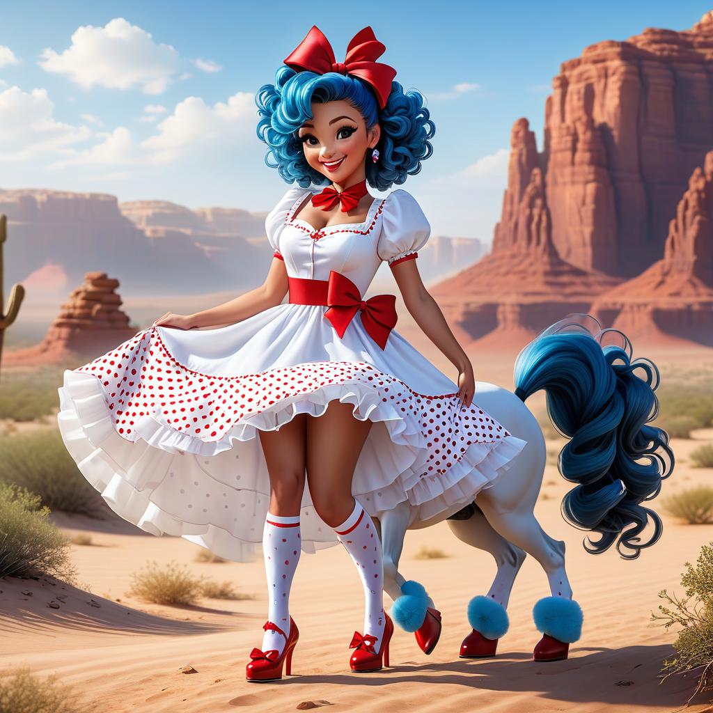  breathtaking cute mischievous with curly blue hair and a big red bow on her head, smiling, dressed in a white dress with red polka dots, puffy , white socks on her feet, beautiful red shoes. rides a horse in the desert. cartoon image in disney style . award winning, professional, highly detailed hyperrealistic, full body, detailed clothing, highly detailed, cinematic lighting, stunningly beautiful, intricate, sharp focus, f/1. 8, 85mm, (centered image composition), (professionally color graded), ((bright soft diffused light)), volumetric fog, trending on instagram, trending on tumblr, HDR 4K, 8K