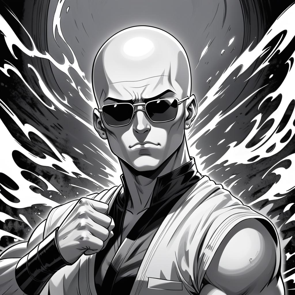  manga artwork a male young bald monk,he has johnny cage appearance,make him serious with some menacing aura around him,draw him manga style black and white during a impact frame,he wears sun glasses impact frames. manga artist. manga, highly emotional. best quality, high resolution