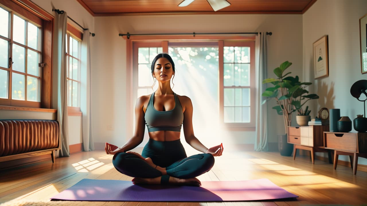  a serene morning scene featuring a sunlit bedroom, a peaceful figure meditating on a yoga mat, an open journal with a pen, a glass of water, and a digital clock showing 6:00 am. hyperrealistic, full body, detailed clothing, highly detailed, cinematic lighting, stunningly beautiful, intricate, sharp focus, f/1. 8, 85mm, (centered image composition), (professionally color graded), ((bright soft diffused light)), volumetric fog, trending on instagram, trending on tumblr, HDR 4K, 8K