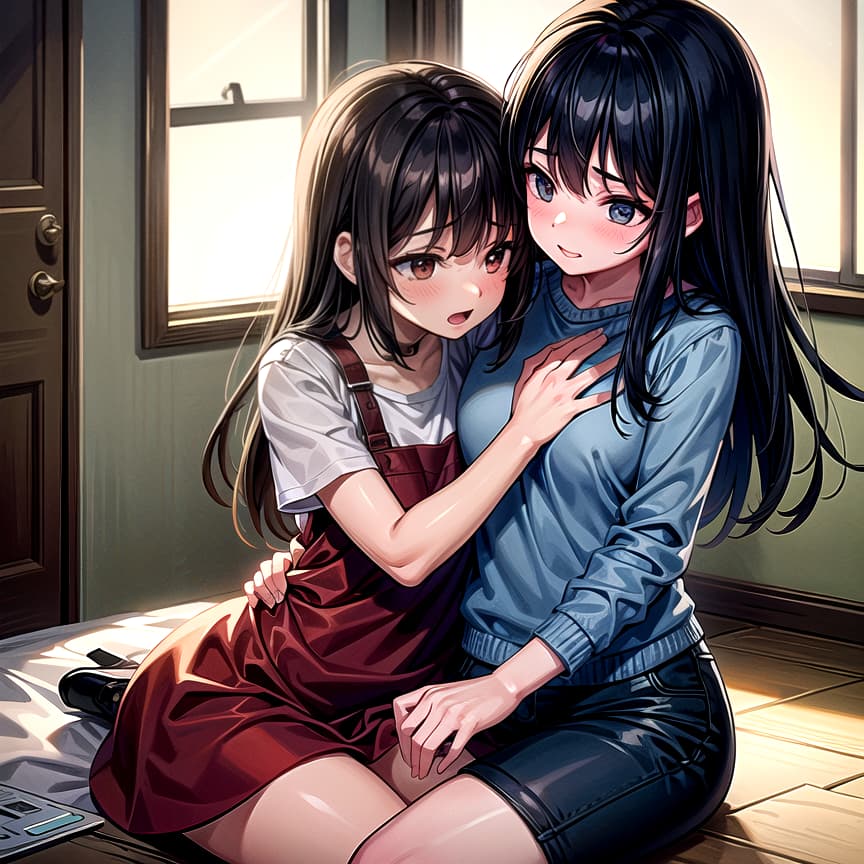  indoors, girls hugging, older, bully, black hair, dim lighting