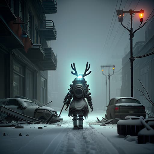  post apocalypse. darkness. snowstorm. snowstorm. a robot, hiding a pot with a small flower from the cold, walks through a strong wind through a destroyed frozen city., fog, animals, birds, deer, bunny, postapocalyptic, overgrown with plant life and ivy, artgerm, yoshitaka amano, gothic interior, 8k, octane render, unreal engine