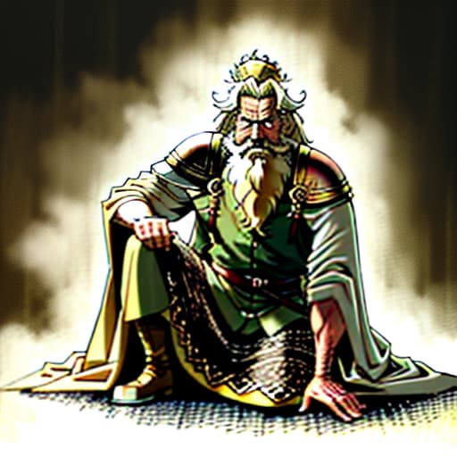  Draw an elderly, blond king who is subordinate to the god of light. He is leading a war, because of which he has greatly aged. He has grown bushy, gray hair and a beard. His clothing is rich, but he sits in an untidy manner. The king is kind, but has been killed by sorrow and gone mad due to the war. The king is of full stature. And also very mad. His clothing is rustic, his hair falls to his shoulders, his gaze is deranged., Overland fantasy woodland map, such as a map, a font that is modern and easy to read hyperrealistic, full body, detailed clothing, highly detailed, cinematic lighting, stunningly beautiful, intricate, sharp focus, f/1. 8, 85mm, (centered image composition), (professionally color graded), ((bright soft diffused light)), volumetric fog, trending on instagram, trending on tumblr, HDR 4K, 8K