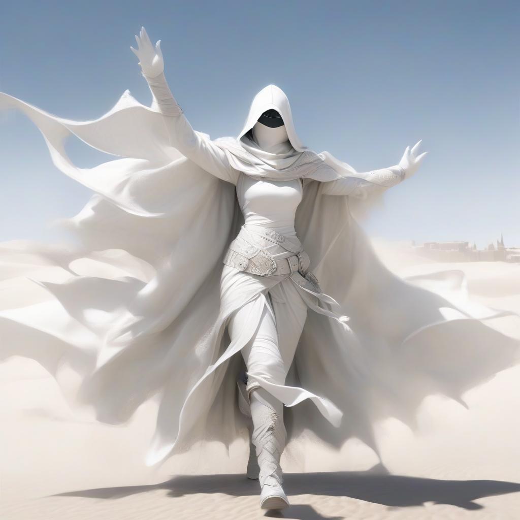  fantasy is a thin girl with a white handkerchief on her mouth and nose, in white, in white gloves with natural fingers, in a white rag, openwork cloak, with large round holes all over her cloak, in gray laced shoes. a pointed hood. big steel buckles. two belts on the belt.