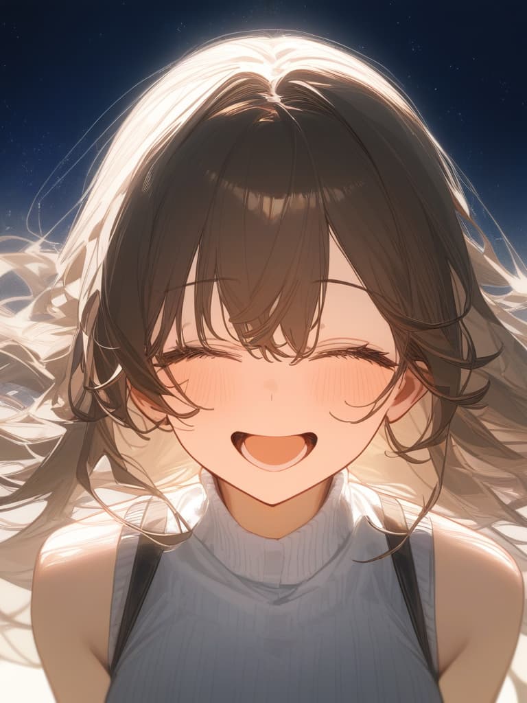  a girl laughing at me, bright brown hair, long hair, transparent ephemeral, black sleeveless dress, white cardigan, whole body facing in front, laughing, laughing, starry sky under the whole body, facing here, masterpiece, best quality,8k,ultra detailed,high resolution,an extremely delicate and beautiful,hyper detail