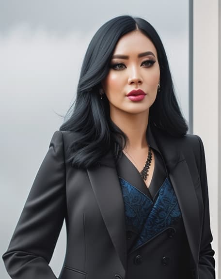  black hair and blue suit. thanks in advance! hyperrealistic, full body, detailed clothing, highly detailed, cinematic lighting, stunningly beautiful, intricate, sharp focus, f/1. 8, 85mm, (centered image composition), (professionally color graded), ((bright soft diffused light)), volumetric fog, trending on instagram, trending on tumblr, HDR 4K, 8K