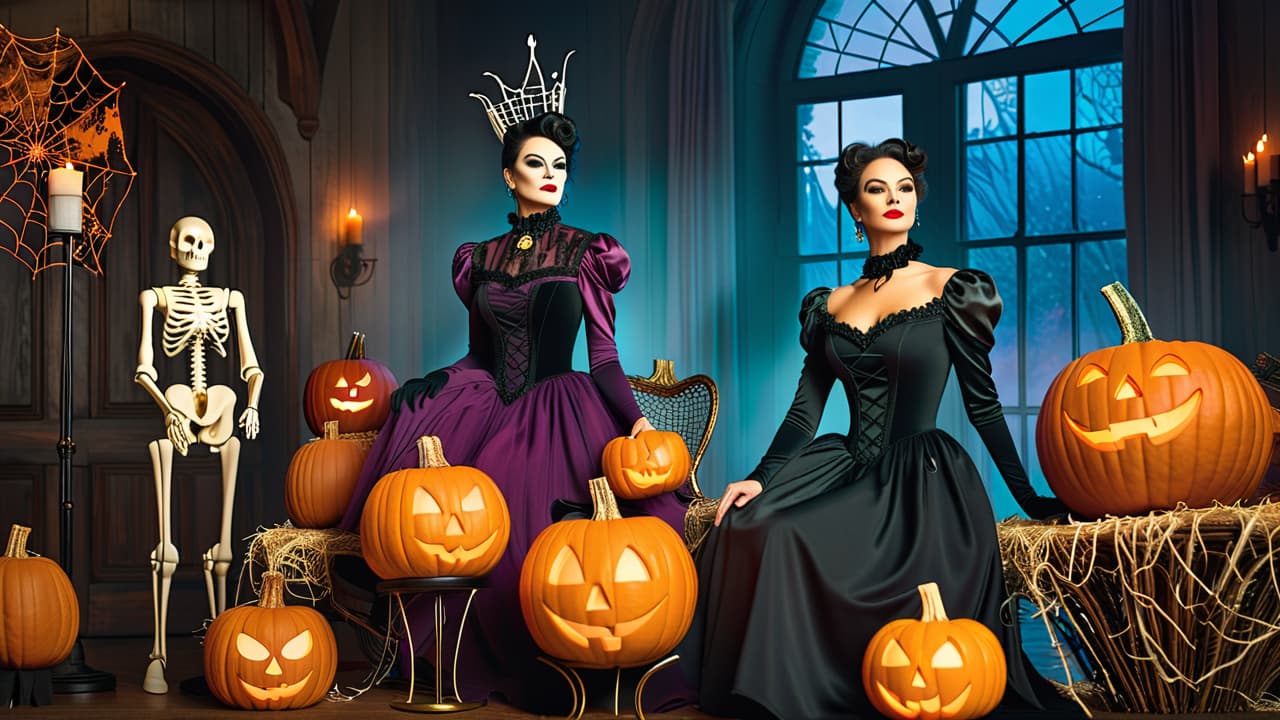  a colorful array of halloween costumes displayed on mannequins, showcasing intricate designs, varying materials, and accessories, set against a backdrop of cobwebs and pumpkins, evoking a festive, spooky atmosphere. hyperrealistic, full body, detailed clothing, highly detailed, cinematic lighting, stunningly beautiful, intricate, sharp focus, f/1. 8, 85mm, (centered image composition), (professionally color graded), ((bright soft diffused light)), volumetric fog, trending on instagram, trending on tumblr, HDR 4K, 8K