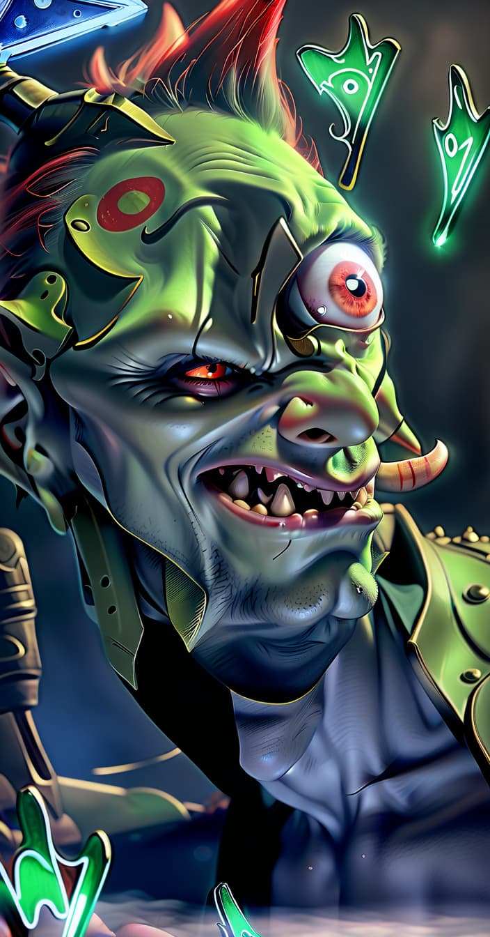  hyperrealistic art the view from below, a tall, evil goblin, in the hand of a club, eyes red. . extremely high resolution details, photographic, realism pushed to extreme, fine texture, incredibly lifelike, perfecteyes, hkmagic, civitai, glowneon