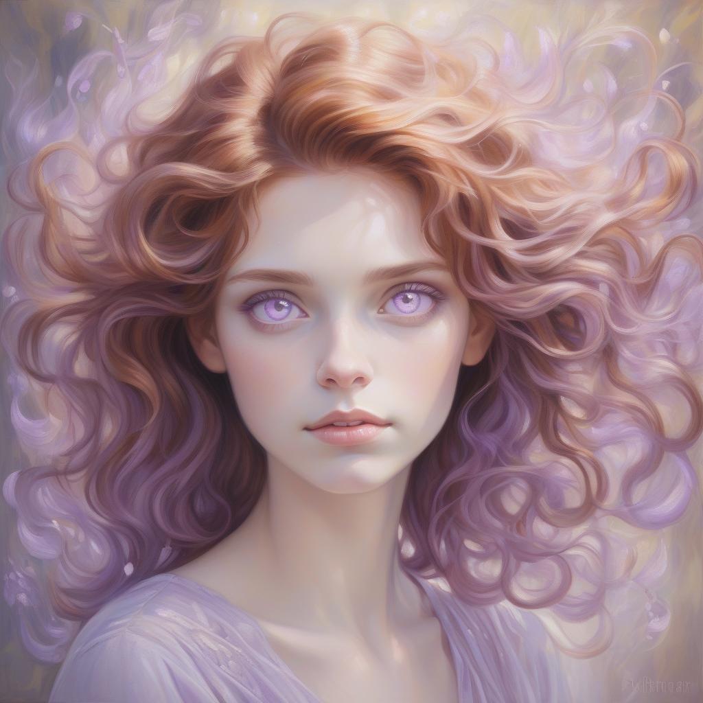  wavy auburn haired woman with light purple eyes, oil painting, soft and dreamy, pastel color tones, detailed hair strands, whimsical fantasy, ethereal lighting, high quality