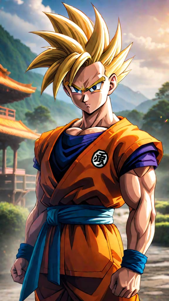  anime art: gohan from dragon ball z, skills dulled and power waned due to academic focus. hyperrealistic, full body, detailed clothing, highly detailed, cinematic lighting, stunningly beautiful, intricate, sharp focus, f/1. 8, 85mm, (centered image composition), (professionally color graded), ((bright soft diffused light)), volumetric fog, trending on instagram, trending on tumblr, HDR 4K, 8K