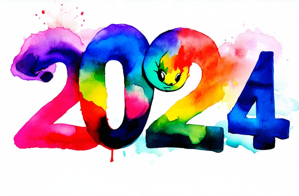  artwork snake around the inscription "2024" ar 3:2, watercolor techniques, featuring fluid colors, subtle gradients, transparency associated with watercolor art