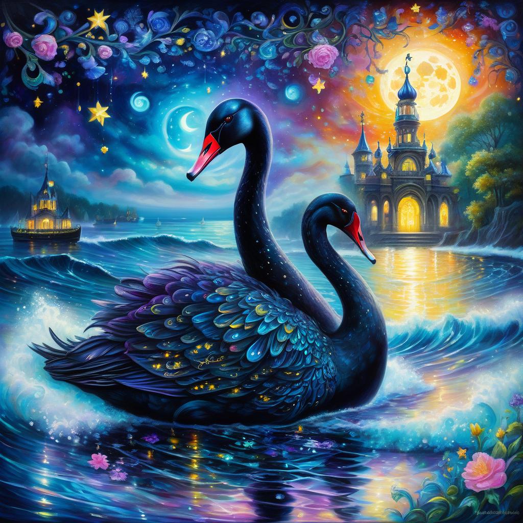  nautical themed oil painting. (far background: 1,3). a magnificent fairy tale bird black swan with luxurious wings and a golden crown (floating) on the waves. fluorescent patterns on the plumage of magical beauty. surrounded by sparkling, shimmering, splashing, water droplets. against the background of the sea with moon glints and the night sky with multi coloured mist, stars and fluorescent dust. night coast with a palace of dark marble in the old russian style and flowering gardens. magnificent, picturesque, mysterious, magical, fantasy composition in the style of kinuko kraft. hyper detailed and complex, elegant. ornate, dynamic, with breathtaking visuals. stylistics: surrealist abstractionism, fantasy, fairy tale, intricate zentangle pa