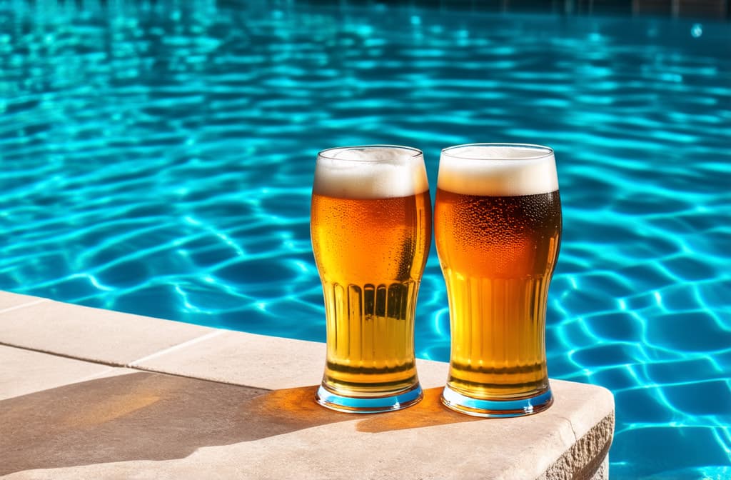  professional detailed photography, two beer glasses are standing on the edge of the pool ((on the right side)) ar 3:2, (muted colors, dim colors, soothing tones), (vsco:0.3)