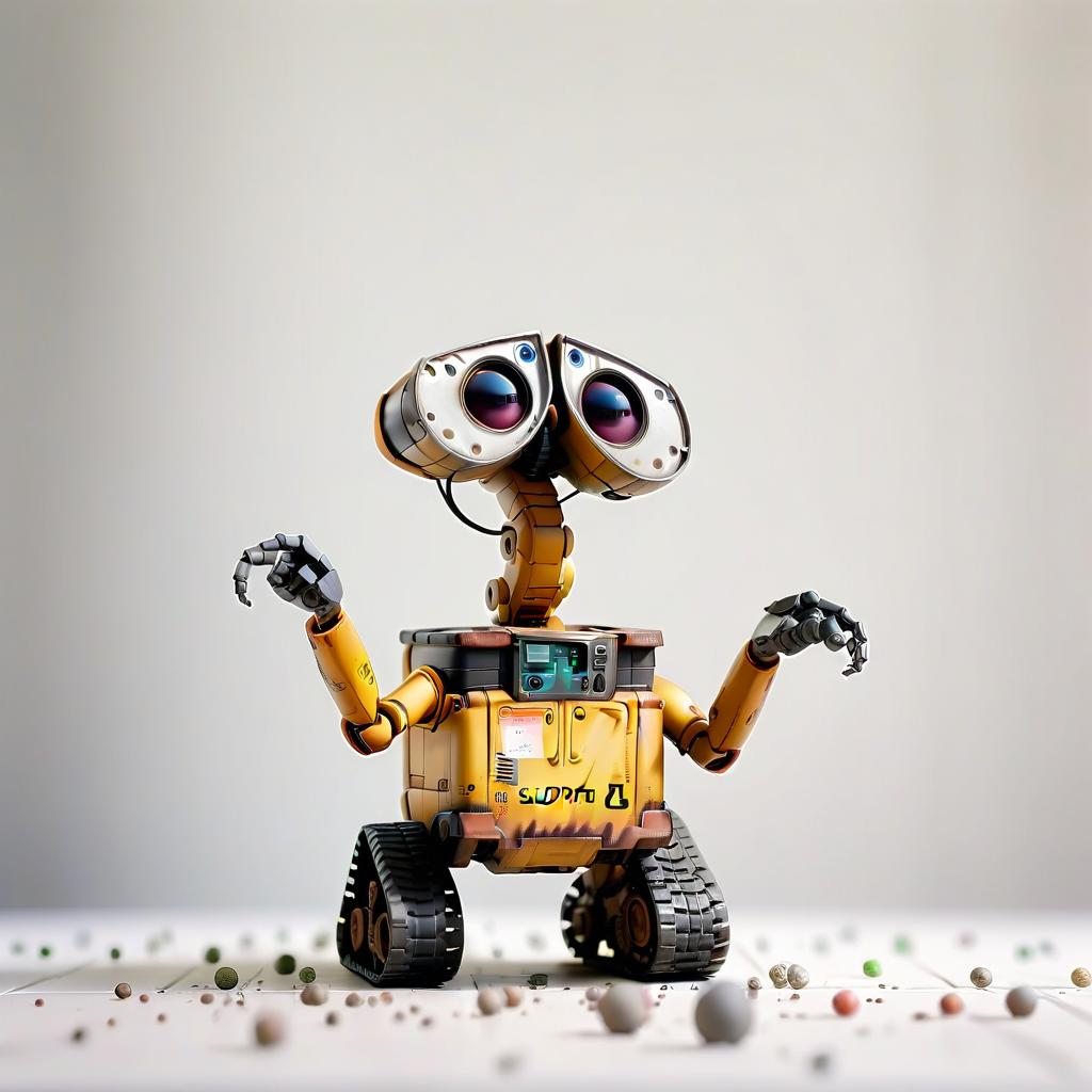  cinematic photo support robot looks a bit like wall e on a monotonous white background . 35mm photograph, film, bokeh, professional, 4k, highly detailed, t shirt design, film photography style