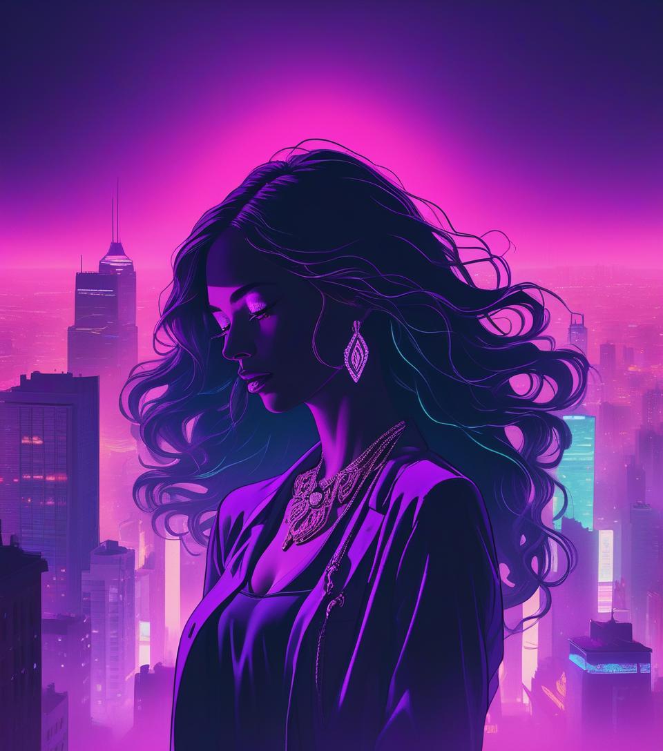  a foggy and vibrant neon colors scene with the silhouette of a woman's face emerging from the background. the woman's face has long, wavy hair and wears a necklace. the background contains a cityscape with tall buildings. the scene has a purple hue.