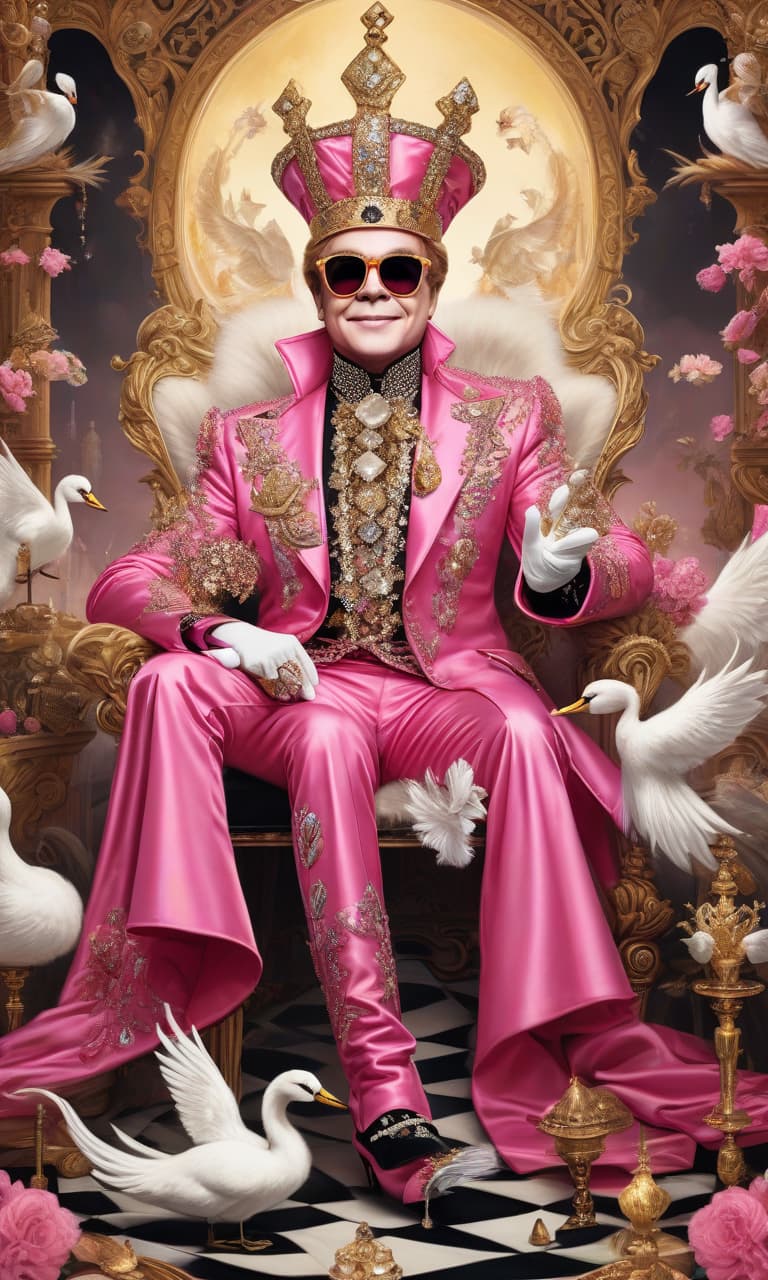  concept art tarot color pink, white, black, gold elton john in a jester outfit, he wears many swarovski crystals, next to the crystal swans . digital artwork, illustrative, painterly, matte painting, highly detailed, perfect hands