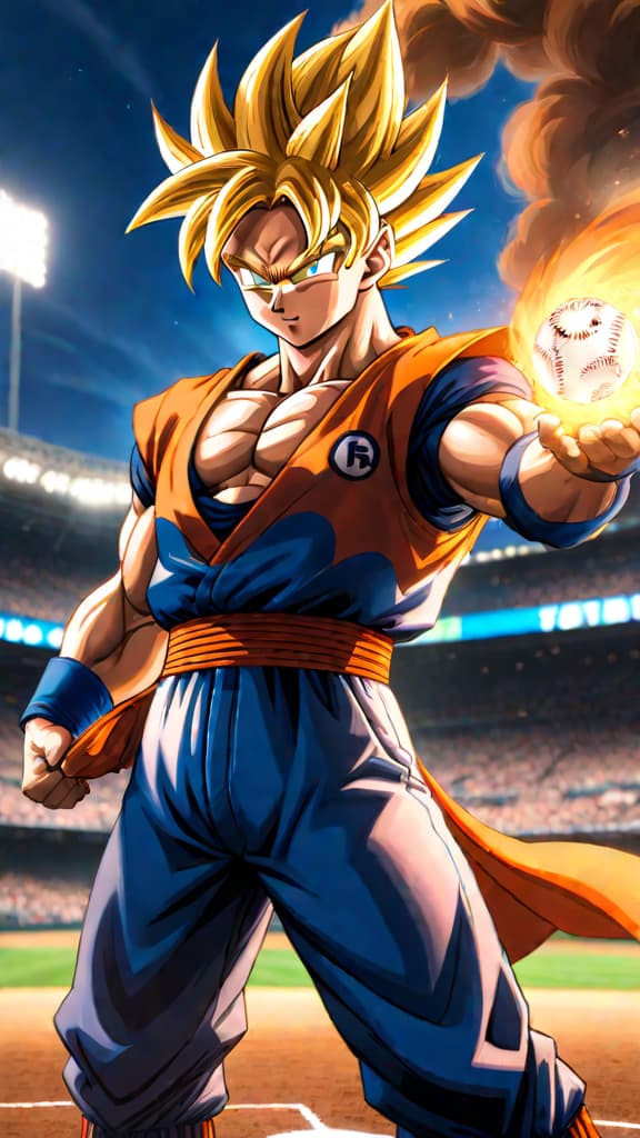  anime art: goku showcasing super speed in baseball; vegeta's power pitches mesmerize the crowd. hyperrealistic, full body, detailed clothing, highly detailed, cinematic lighting, stunningly beautiful, intricate, sharp focus, f/1. 8, 85mm, (centered image composition), (professionally color graded), ((bright soft diffused light)), volumetric fog, trending on instagram, trending on tumblr, HDR 4K, 8K