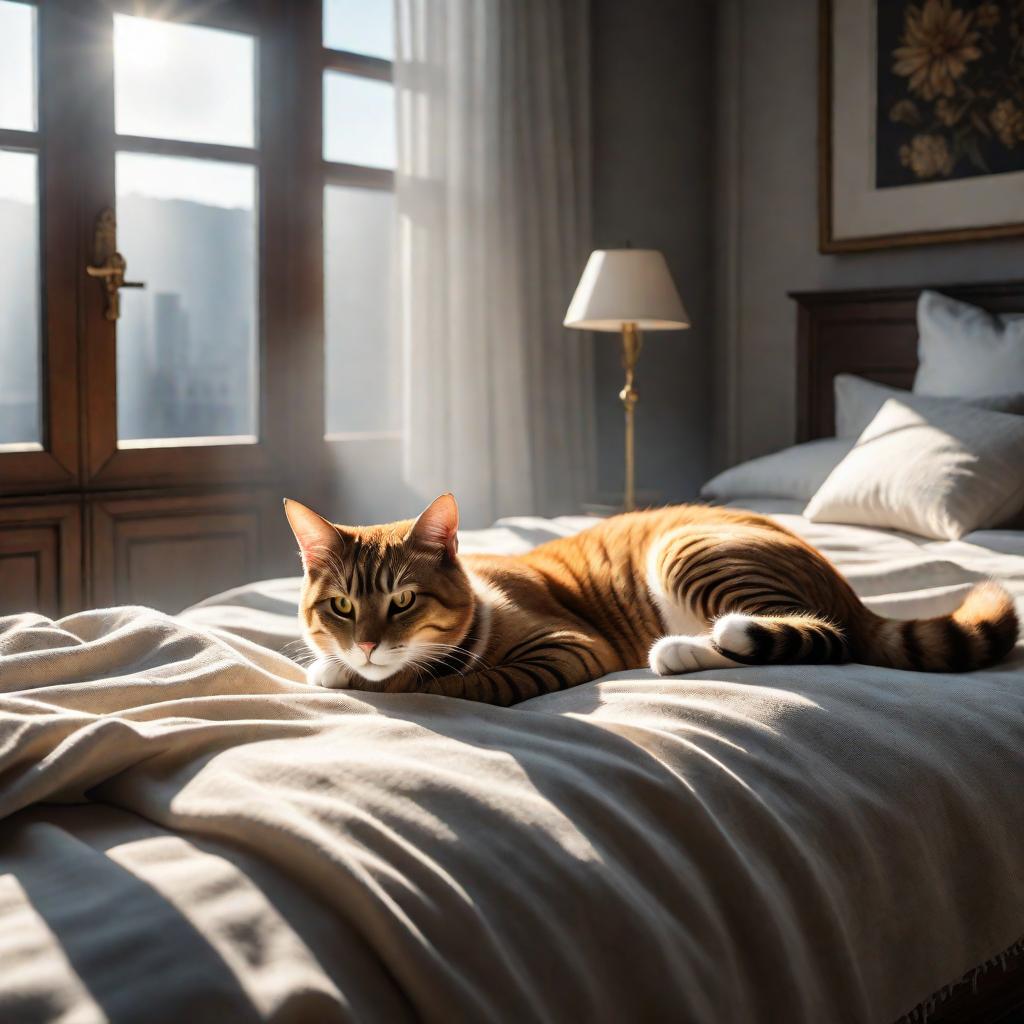  in english: "un gato durmiendo en una cama con la luz del sol brillando a través de la ventana." hyperrealistic, full body, detailed clothing, highly detailed, cinematic lighting, stunningly beautiful, intricate, sharp focus, f/1. 8, 85mm, (centered image composition), (professionally color graded), ((bright soft diffused light)), volumetric fog, trending on instagram, trending on tumblr, HDR 4K, 8K