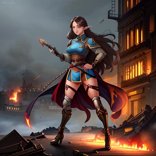  A young female warrior in military uniform against the backdrop of a city destroyed by war. She has blue eyes, a delicate and beautiful face, but a stern gaze, her lips are neither full nor thin. Long dark brown hair. Her hands are smeared with the blood of enemies., magic, dragons, elves, castles, by Donato Giancola, Ruan Jia, Kekai Kotaki, Magali Villeneuve, Even Mehl Amundsen hyperrealistic, full body, detailed clothing, highly detailed, cinematic lighting, stunningly beautiful, intricate, sharp focus, f/1. 8, 85mm, (centered image composition), (professionally color graded), ((bright soft diffused light)), volumetric fog, trending on instagram, trending on tumblr, HDR 4K, 8K