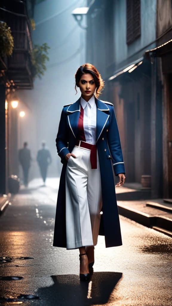  detective priya sharma chasing phantom through dark alleys of mumbai, white rose and mysterious note nearby hyperrealistic, full body, detailed clothing, highly detailed, cinematic lighting, stunningly beautiful, intricate, sharp focus, f/1. 8, 85mm, (centered image composition), (professionally color graded), ((bright soft diffused light)), volumetric fog, trending on instagram, trending on tumblr, HDR 4K, 8K