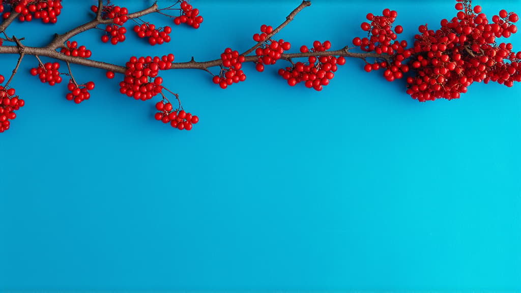  professional detailed photography, branches of tree without leaves and red berries of viburnum on blue background. flat lay, top view, copy space ar 16:9, (muted colors, dim colors, soothing tones), (vsco:0.3)