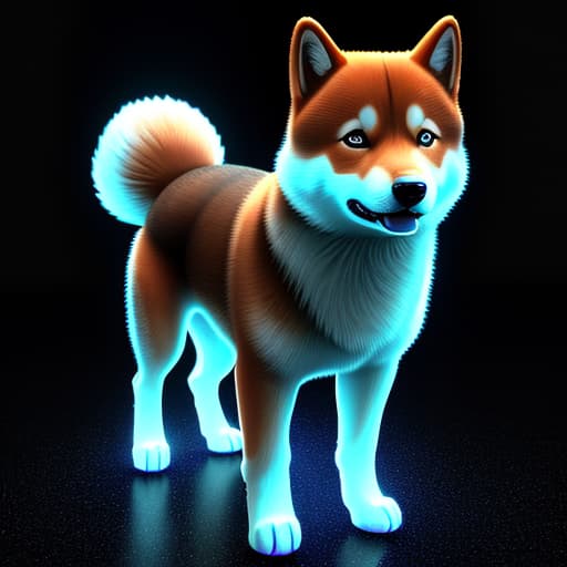  Transparent hologram of a Shiba Inu, mid-walk, appearing to wag its tail, ethereal glow, cast on a dark backdrop, precise edges and intricate fur texture visible, floating slightly above the surface it is projected on, ambient light reflecting off its digital form, volumetric effect, ultra-fine details in a 3D digital rendering