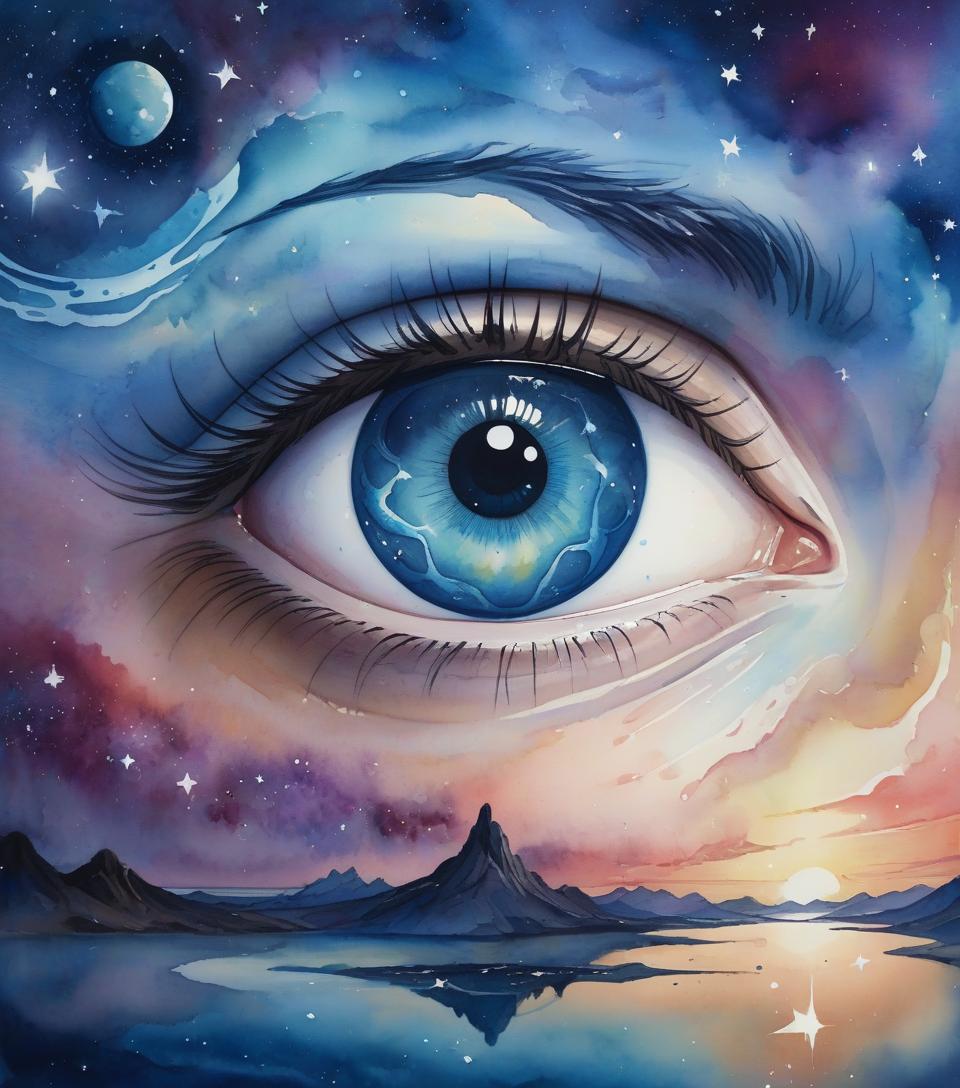  watercolor painting watercolor, eye, surrealism, bright stars in the sky. wavy cornea of the eye . vibrant, beautiful, painterly, detailed, textural, artistic