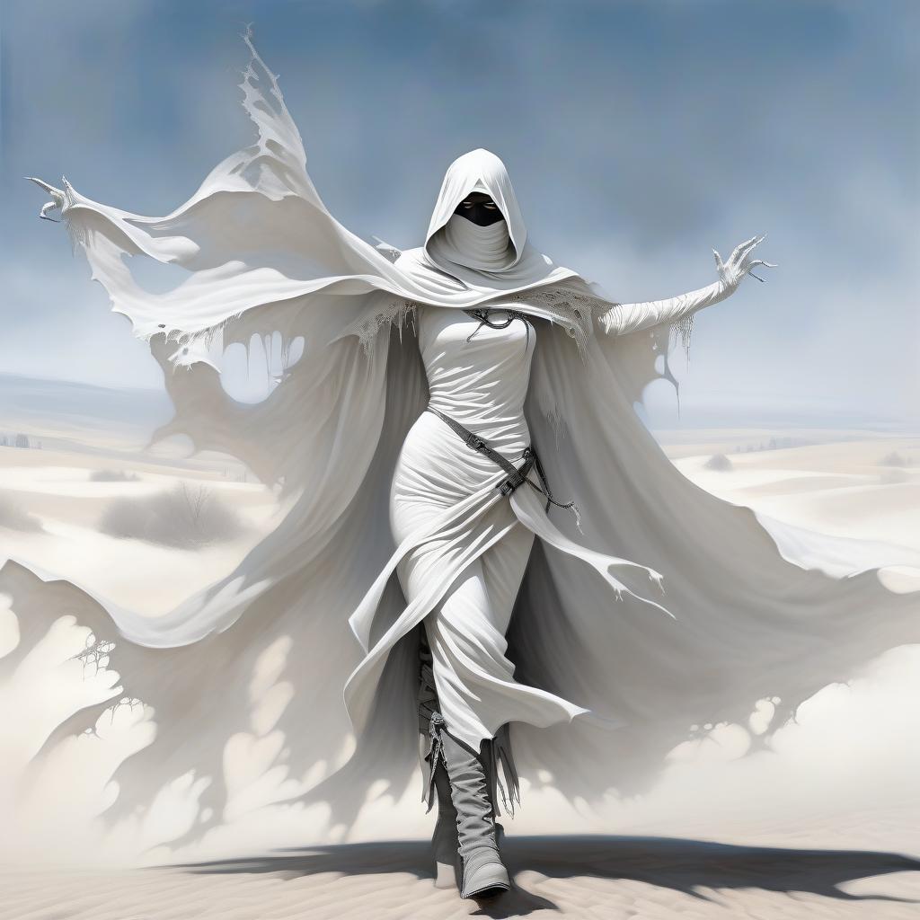  macabre style fantasy girl in a white scarf on her mouth and nose, in a white, in a white rag, a leaky cloak, in white gloves. black and steel buckle on the chest, on the cloak. with five fingers on each hand. hands up. . dark, gothic, grim, haunting, highly detailed