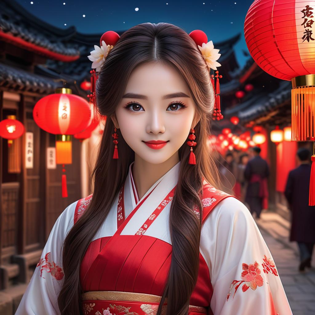  high definition portrait of a young woman with delicate features. she has large, expressive eyes, a soft smile, and long, wavy hair adorned with red floral accessories. she is wearing a traditional red and white hanfu with intricate embroidery. the background is a festive night scene filled with glowing red lanterns, which cast a warm, ambient light that softly illuminates her face and creates a magical atmosphere. the setting is an ancient chinese street with traditional architecture, and the characters for 'happiness' and 'prosperity' are subtly integrated into the signage on the buildings. the portrait exudes a sense of elegance, cultural richness, and a celebratory mood, award winning, professional, highly detailed, masterpiece