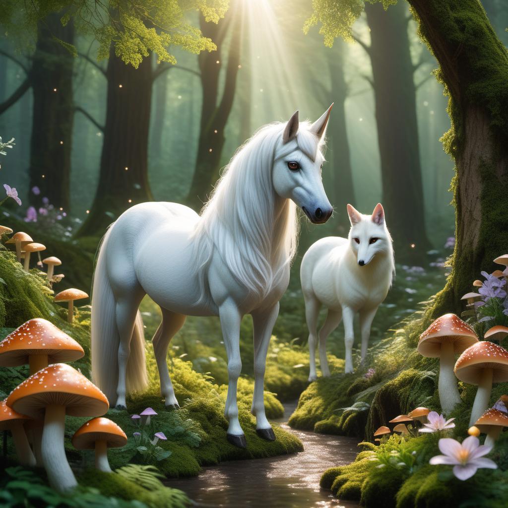  A magical forest scene featuring mystical creatures like unicorns, fairies, and glowing plants. The forest is lush with tall, ancient trees, and the ground is covered in vibrant flowers and luminescent mushrooms. The air is filled with sparkling light, and the atmosphere is magical and enchanting. Fairies flutter around, casting tiny spells, while a majestic unicorn stands near a sparkling, crystal-clear stream. Additionally, there are enchanted animals like a fox with sparkling fur and an owl with glowing eyes, adding to the mystical ambiance of the forest. hyperrealistic, full body, detailed clothing, highly detailed, cinematic lighting, stunningly beautiful, intricate, sharp focus, f/1. 8, 85mm, (centered image composition), (professionally color graded), ((bright soft diffused light)), volumetric fog, trending on instagram, trending on tumblr, HDR 4K, 8K