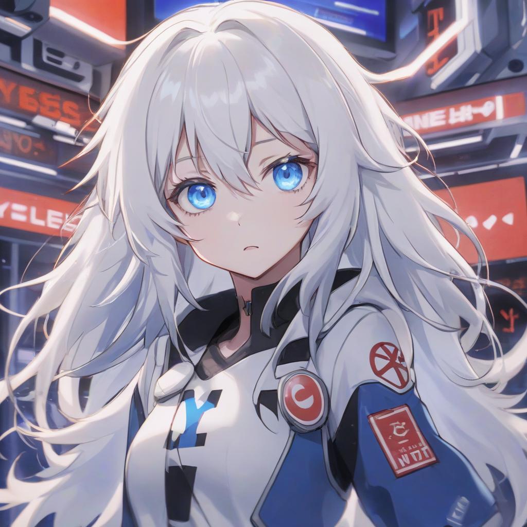  anime artwork a girl with white hair and blue eyes sees a system alert that says yes/no . anime style, key visual, vibrant, studio anime, highly detailed