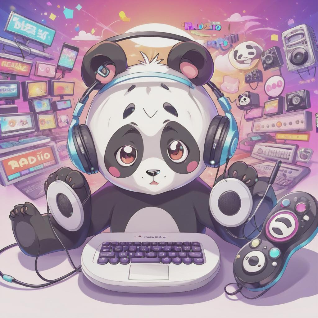  anime artwork internet radio logo, panda, kawaii radio text . anime style, key visual, vibrant, studio anime, highly detailed